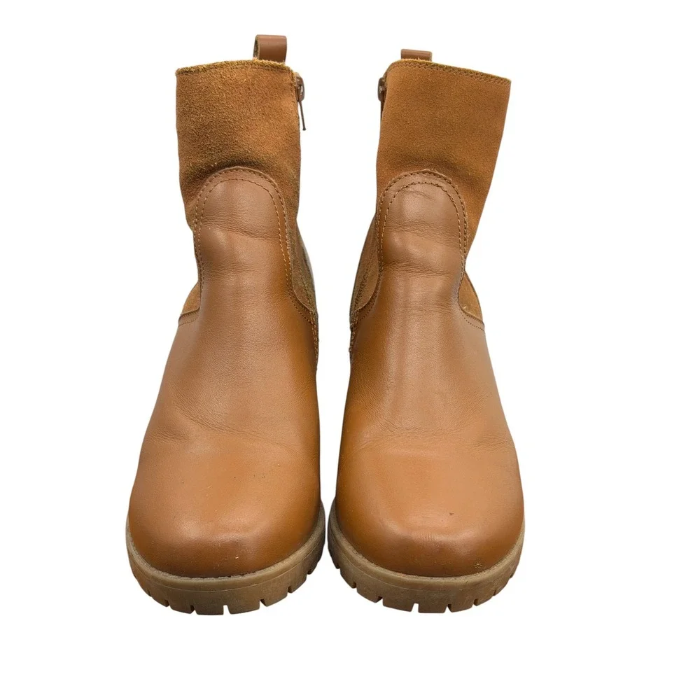 Soludos Dani Shearling Ankle Boots Womens 9 Tan Leather Block Heel Fall Comfort